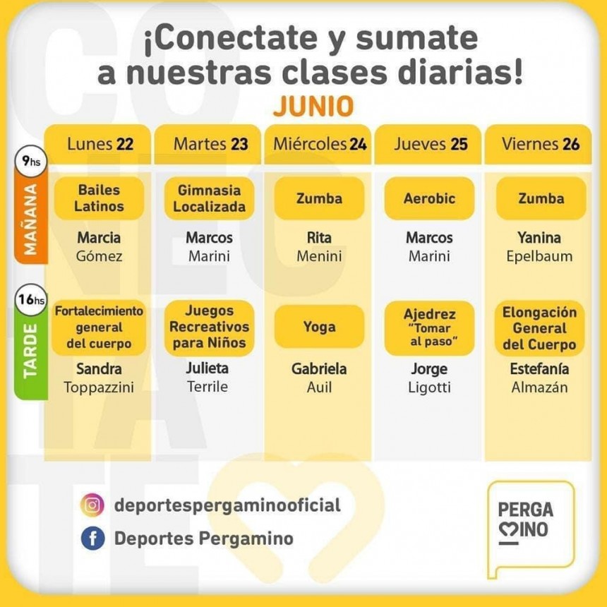 Clases deportivas en las redes sociales de Deportes Pergamino